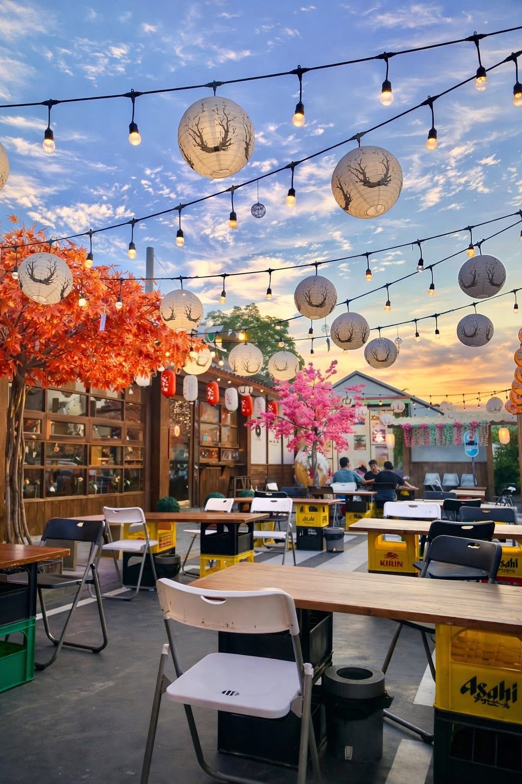 Haraniku outdoor garden at sunset with lanterns